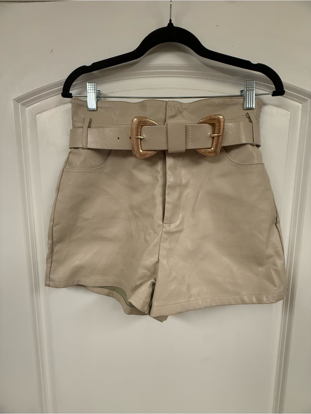 Le Lis Collection Faux Leather High Rise Belted Shorts Beige Gold Buckle